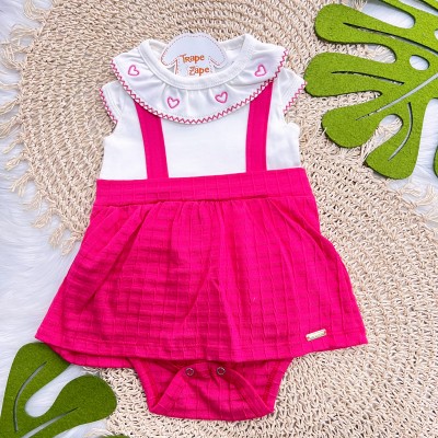 Body Vestido com Gola Bordada Corações - Off White e Pink